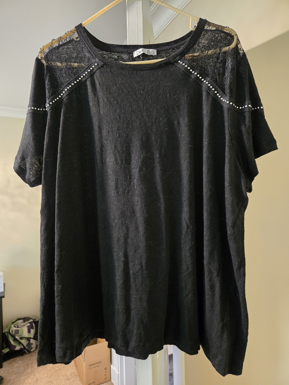 Dex Black Short Sleeve Top with Lace Shoulders and Stud Trim